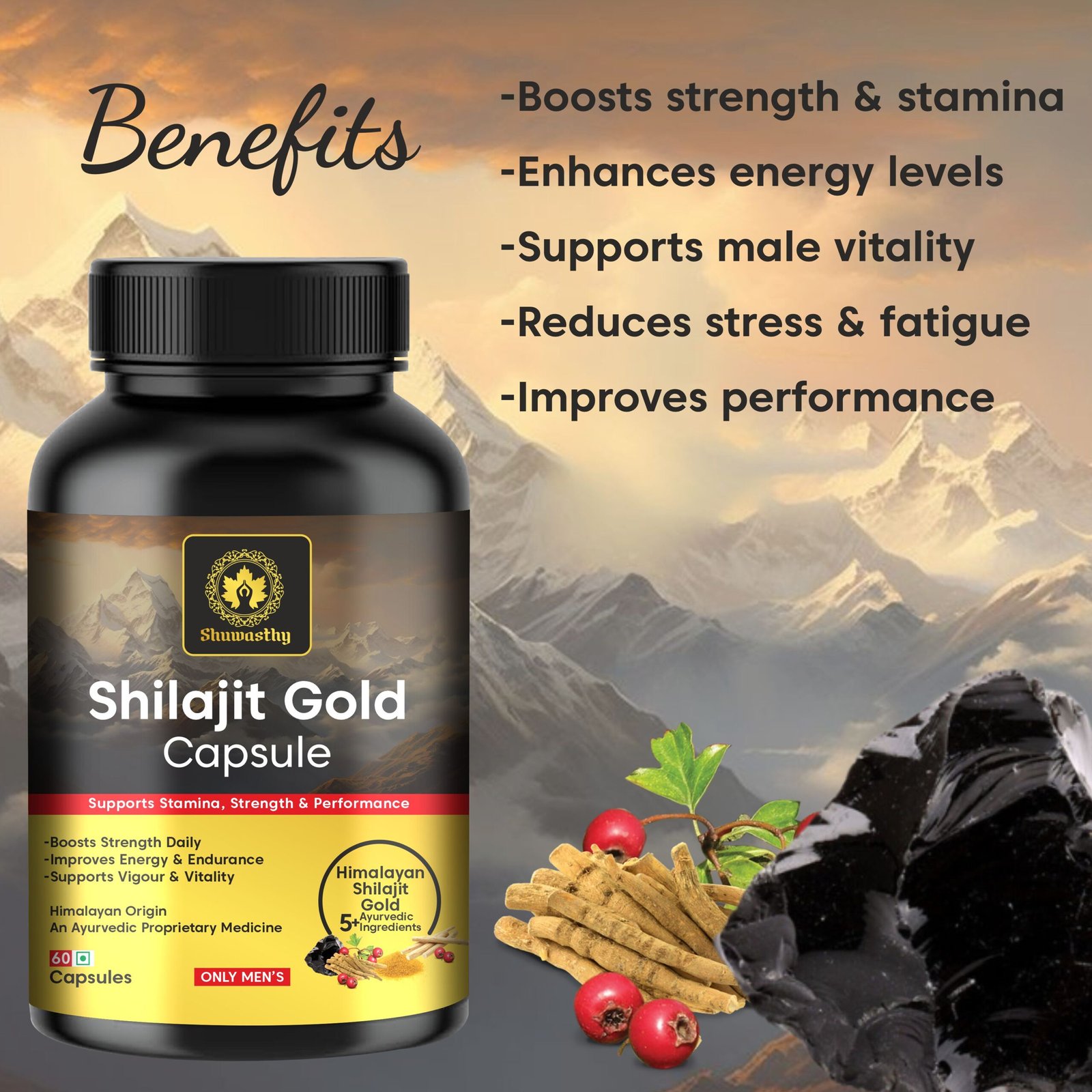SHUWASTHY Shilajit Gold | Ayurvedic Supplement | Boosts Stamina For Men (60 Capsules) - Image 5